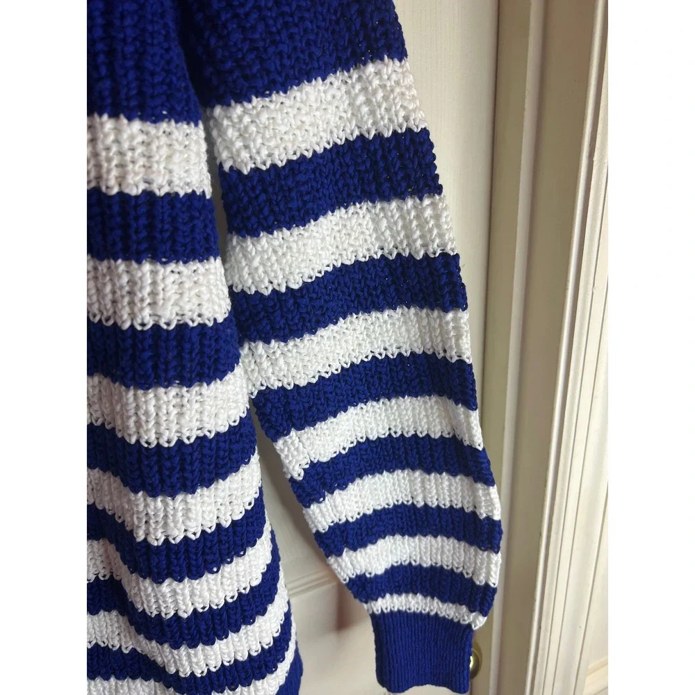 Michael Kors Blue White Striped Knit Crew Neck Sweater Size M‎ NWT